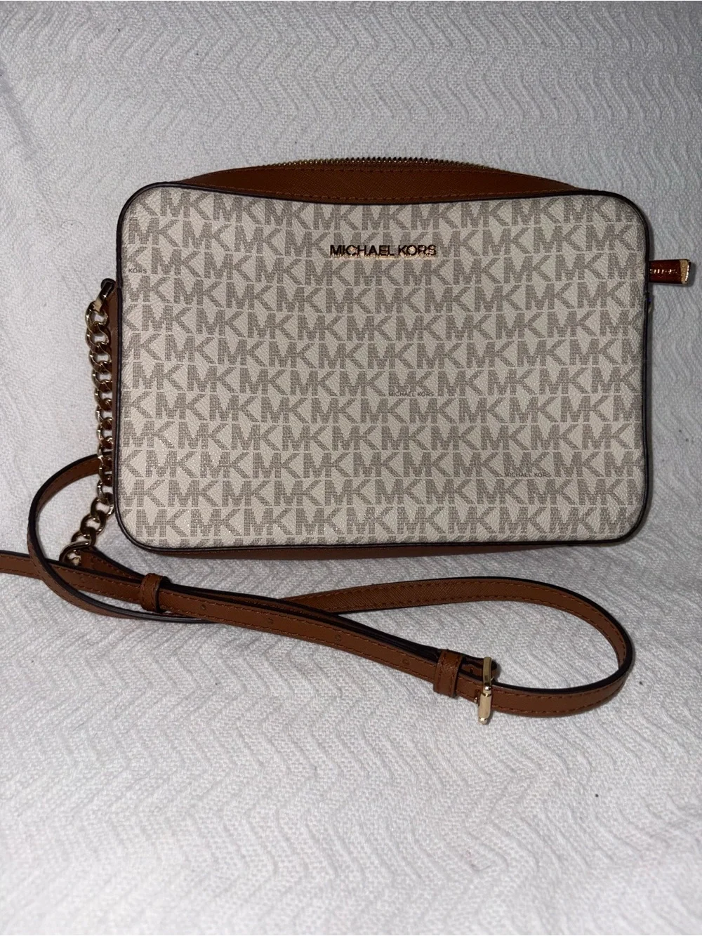 Michael Kors Beige Monogram Crossbody with Brown Trim